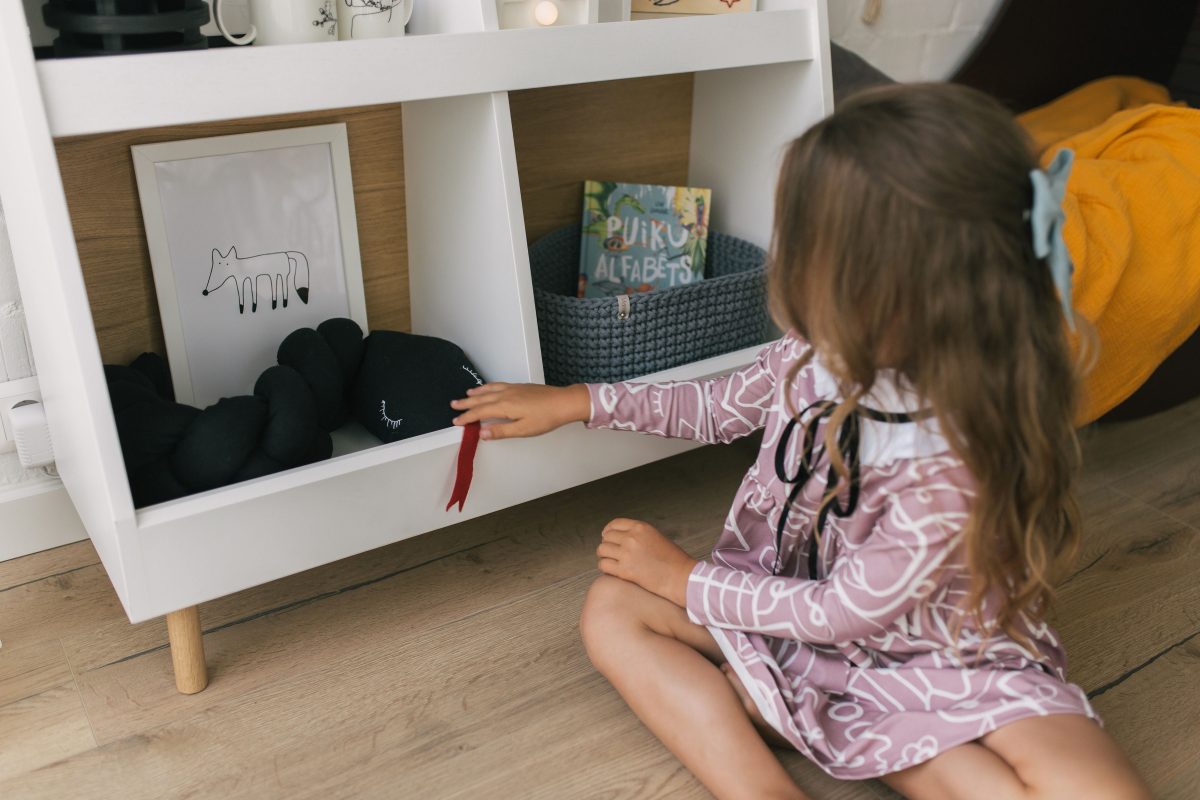 Kids white wooden montessori storage shelf