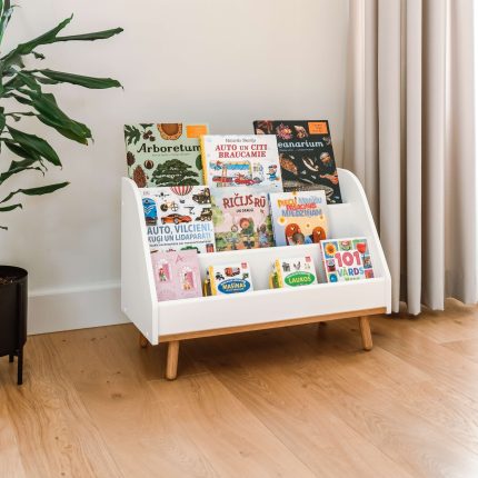 white wooden front facing kids book shelf